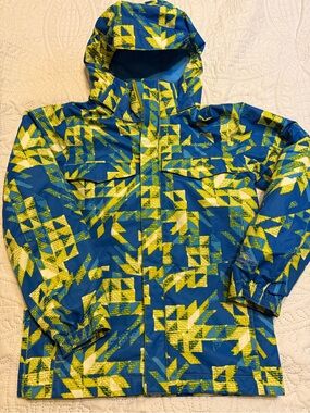 Columbia Blue and Lime Geometric Hooded Rain Jacket